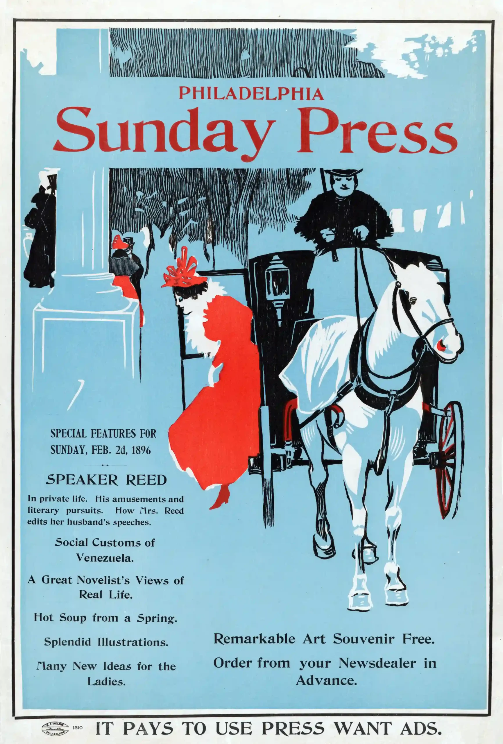 Philadelphia Sunday Press Poster with Philadelphia Sunday Press advertisement for February 2, 1896, MerchFuse vintage advertising