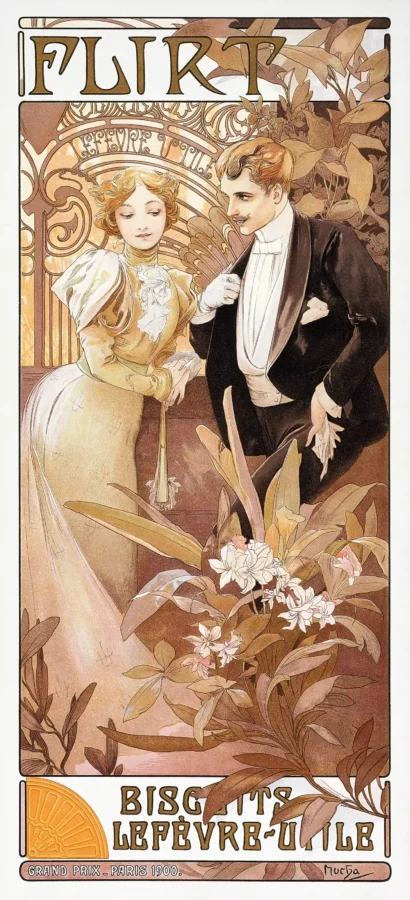 Alphonse Mucha Flirt Poster with Alphonse Mucha Flirt couple illustration with Art Nouveau, MerchFuse vintage advertising wall art