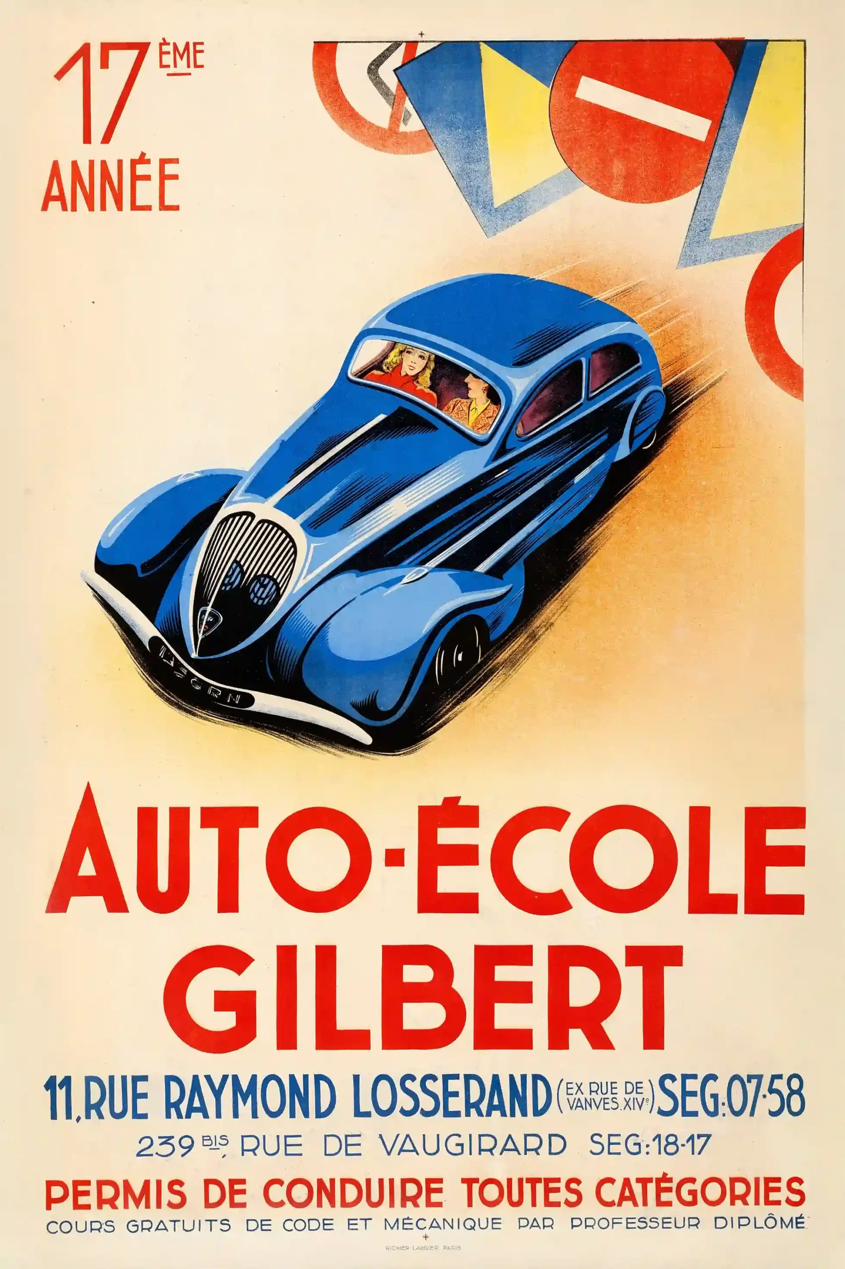 Auto Ecole Gilbert Poster with Auto École Gilbert advertising from the 1930s with French, MerchFuse vintage advertising wall art