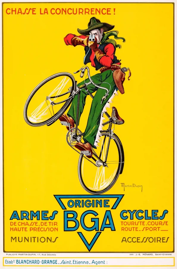 BGA Armes Cycles Poster with BGA Armes Cycles advertising from the 1930s with bicycle, MerchFuse vintage advertising wall art
