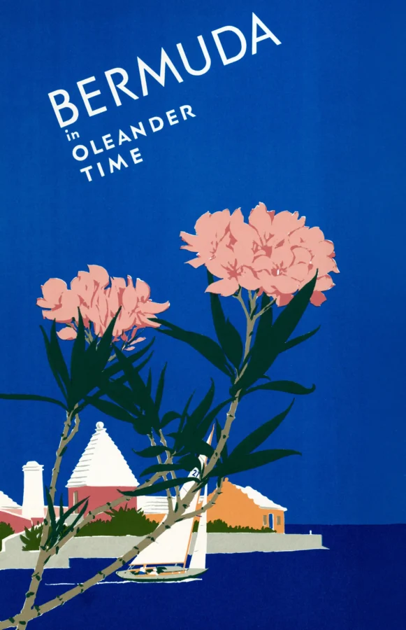 Bermuda Oleander Poster with Bermuda travel advertising by Adolph Treidler from 1952, MerchFuse vintage advertising wall art