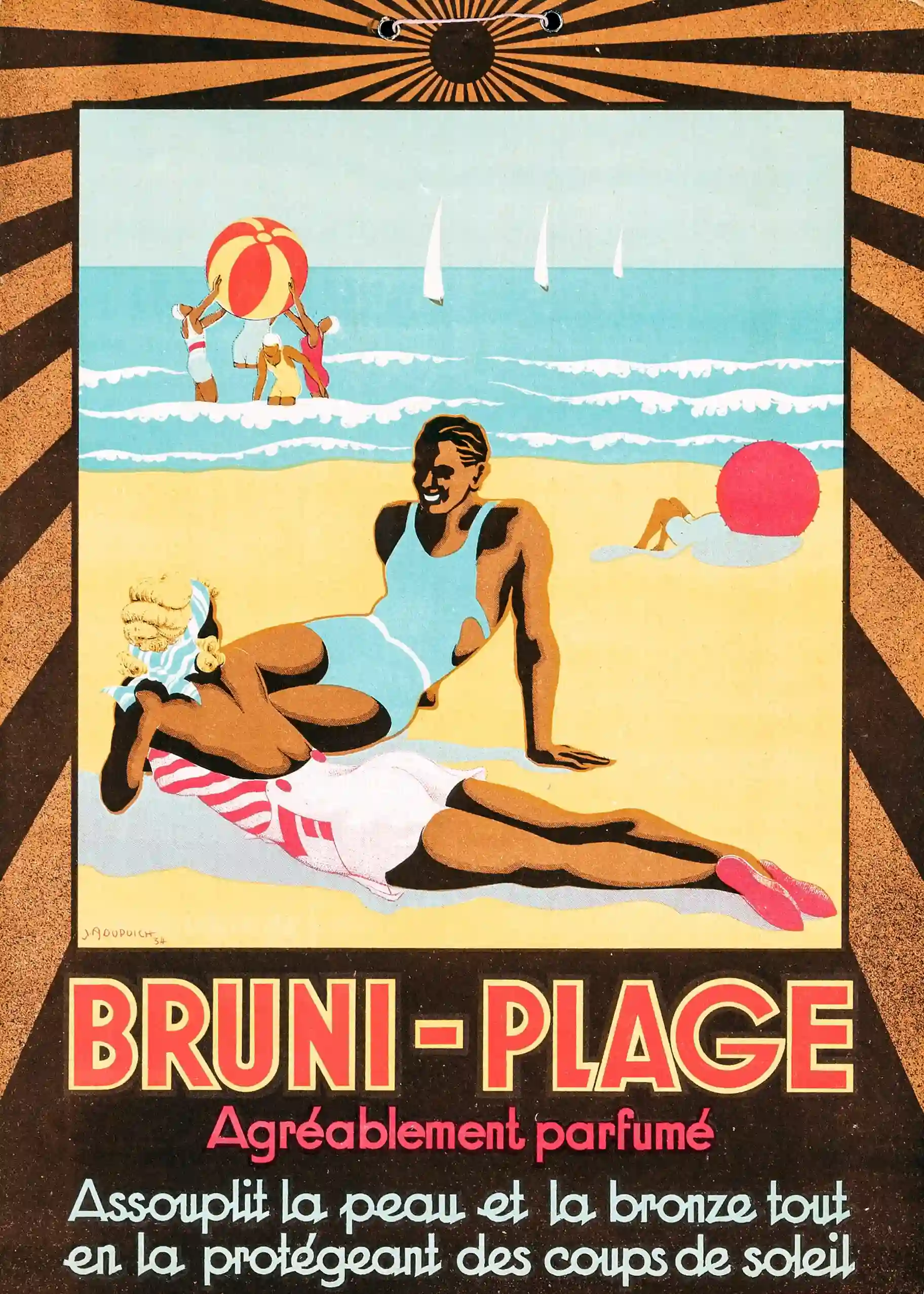 Bruni Plage Poster with French beach resort advertising from 1934 with period, MerchFuse vintage advertising wall art