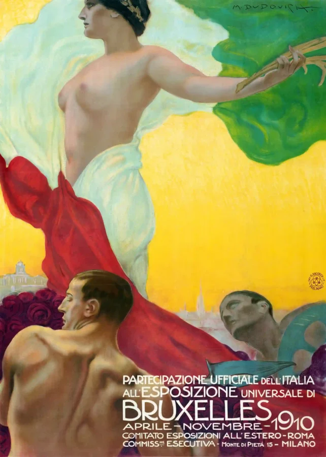 Brussels Exposition Italian Poster showing Built around allegorical figures, large Bruxelles 1910 lettering