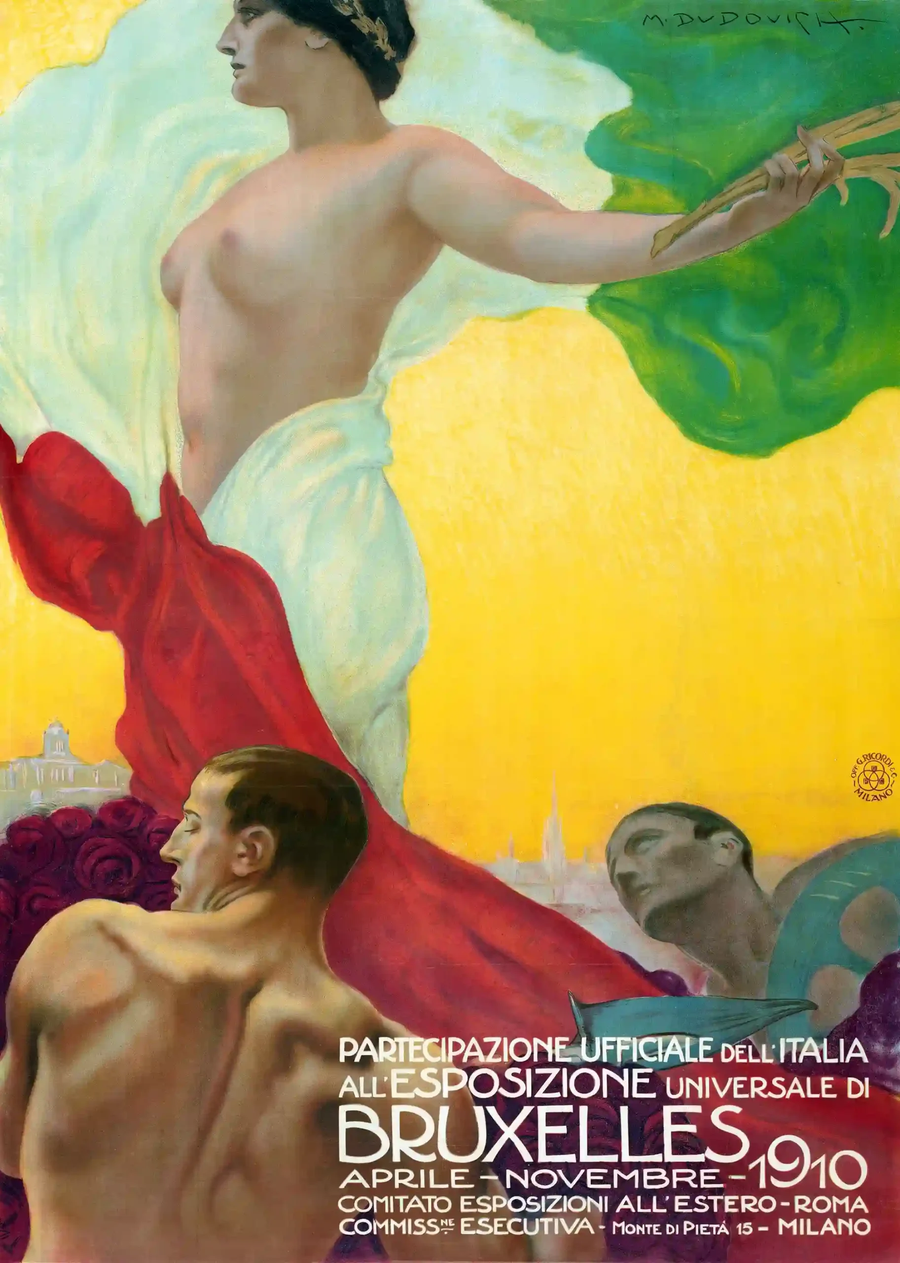 Brussels Exposition Poster with allegorical figures, large Bruxelles 1910 lettering, and, MerchFuse vintage advertising wall art