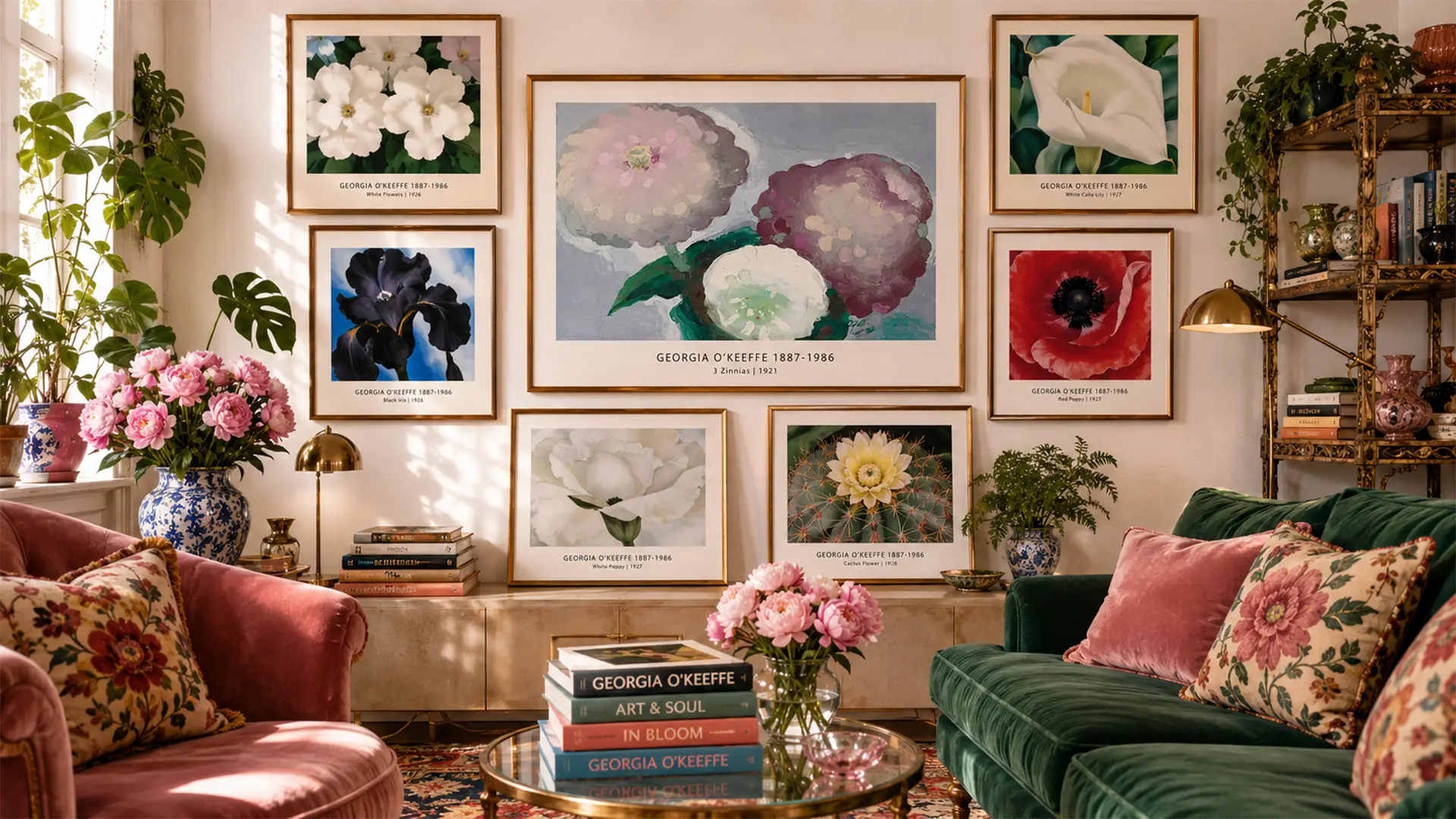 Georgia O'Keeffe floral and desert posters arranged in a premium modern gallery wall