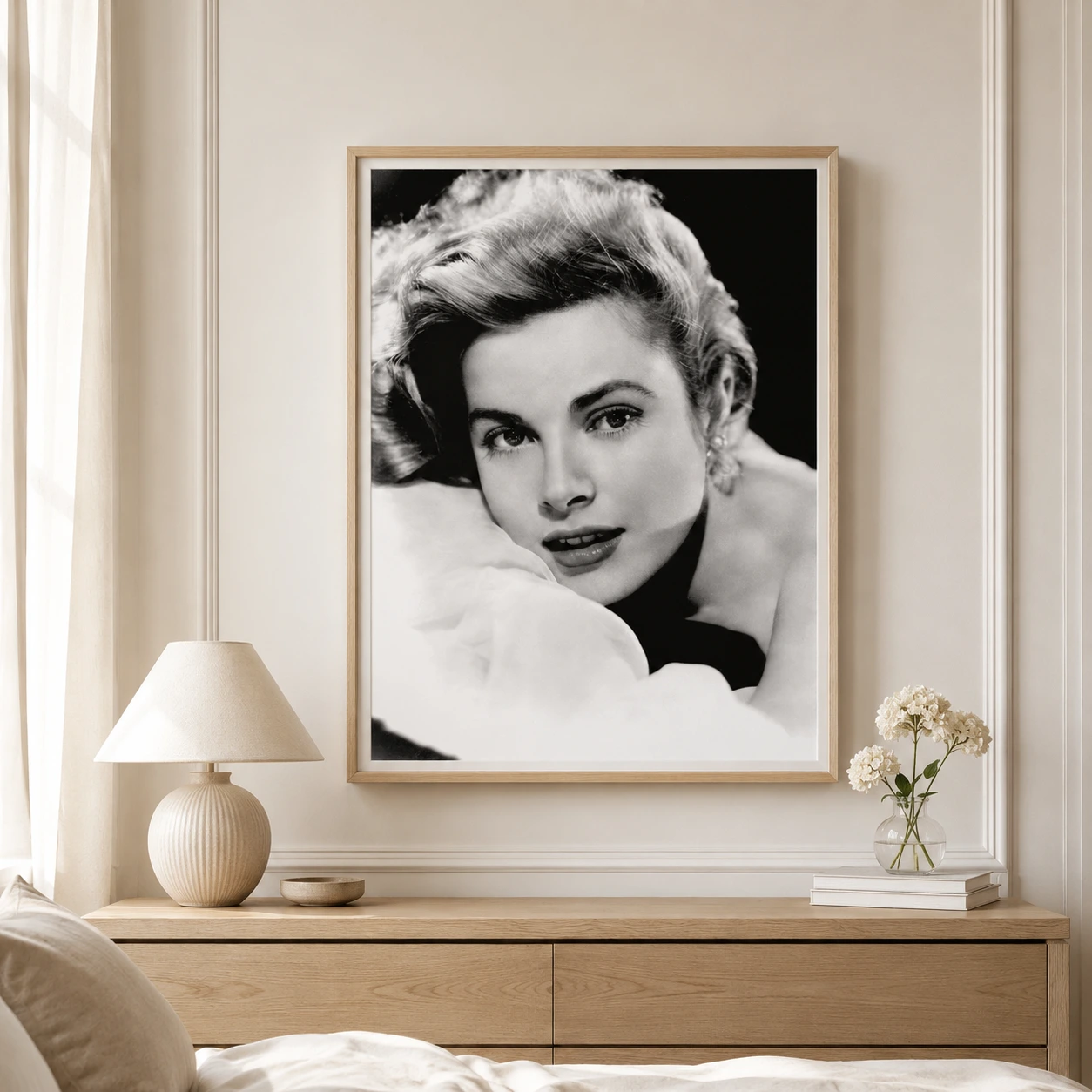 Grace — grace Kelly wall art with a 1953 pillow portrait crop, soft