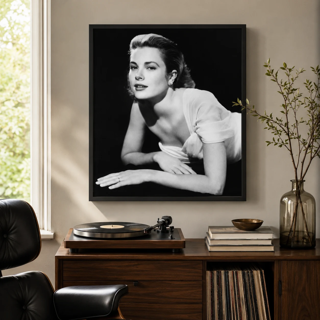 Room mockup of To Catch a Thief Poster, Grace Kelly 1955 Studio Print Photography Print, displayed as framed wall art in a office setting as a portrait print.
