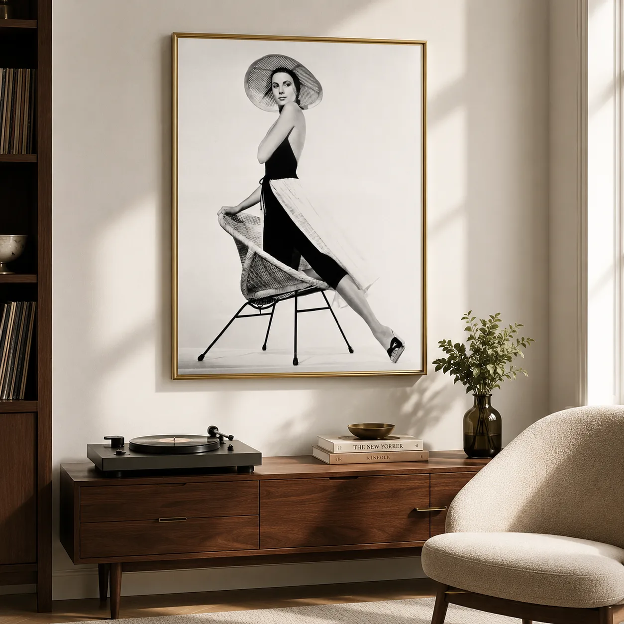 Room mockup of Grace Kelly Poster, To Catch a Thief Lace Dress Print Photography Print, displayed as framed wall art in a office setting as a portrait print.