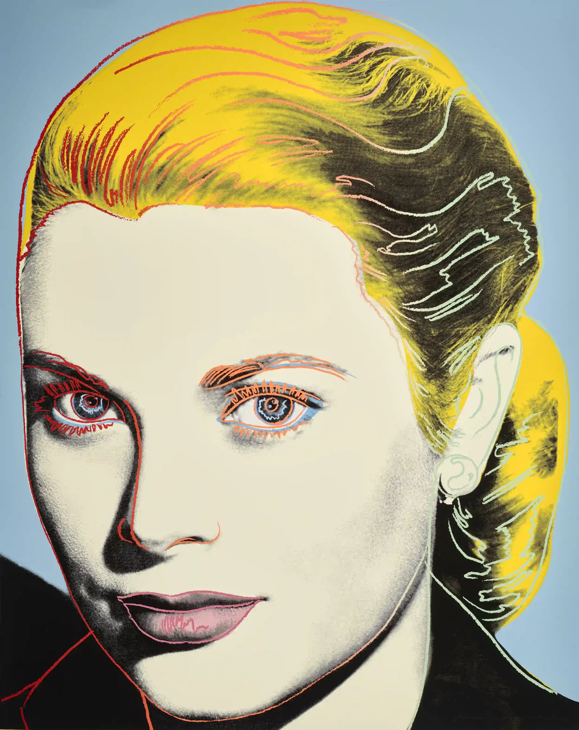 Grace Kelly Warhol poster showing a color pop-art portrait with yellow hair and blue background.
