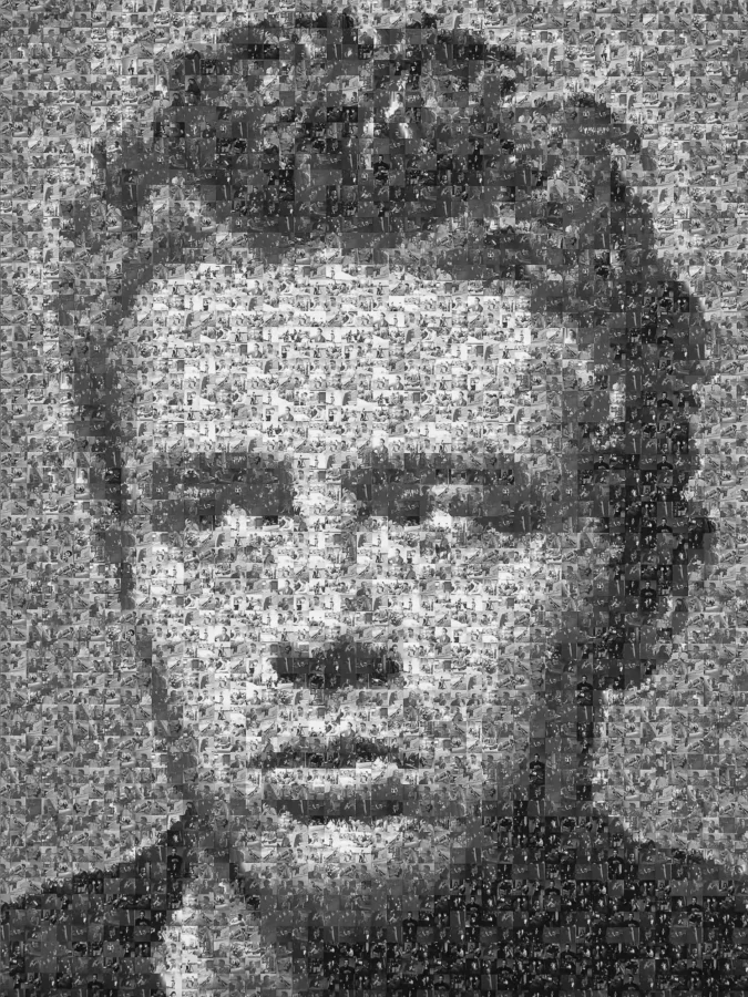 James Dean mosaic poster showing a black and white face made from many small photo tiles.