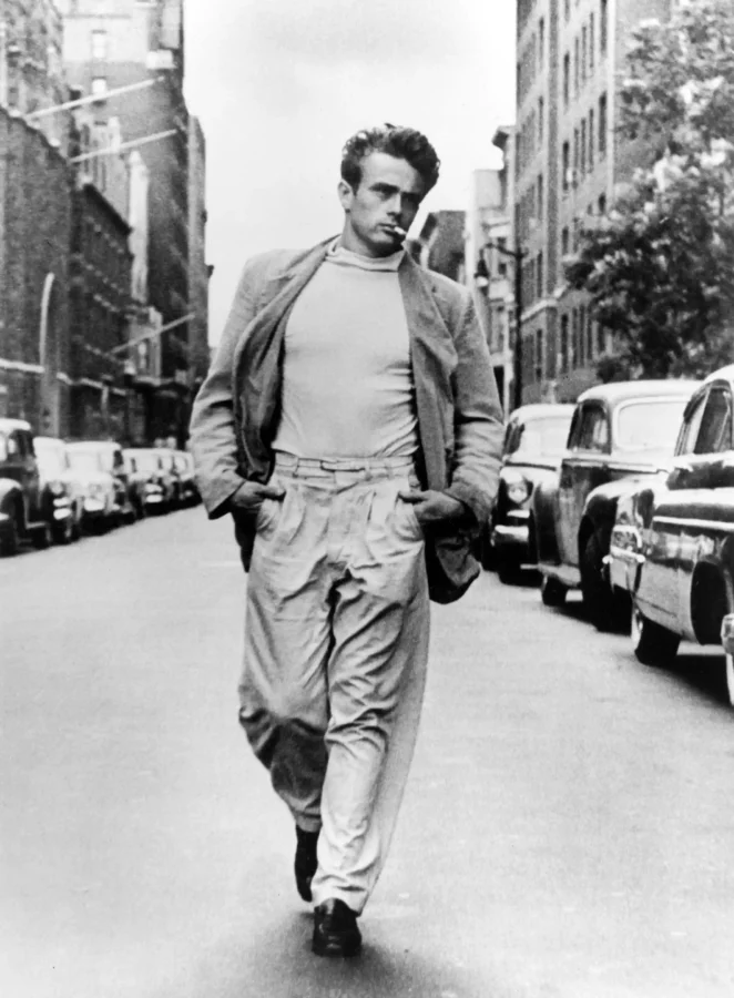 James Dean street poster showing a 1950s walk with cigarette and parked cars.