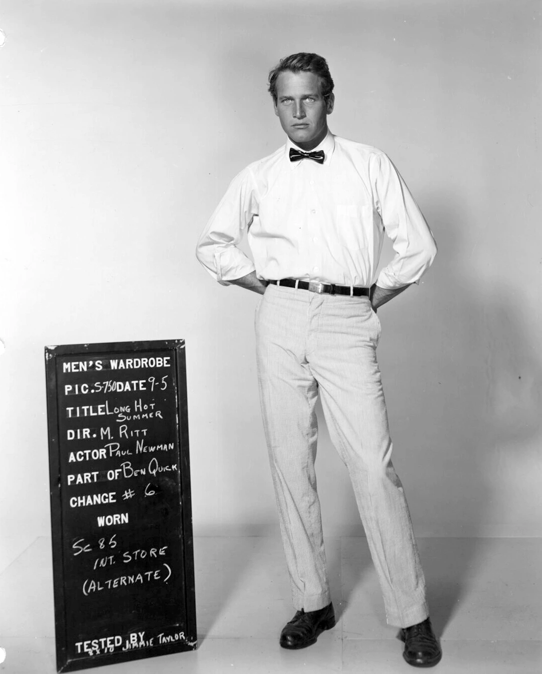 Paul Newman Long Hot — 1958 wardrobe-test image shows Paul Newman with slate, white shirt, bow
