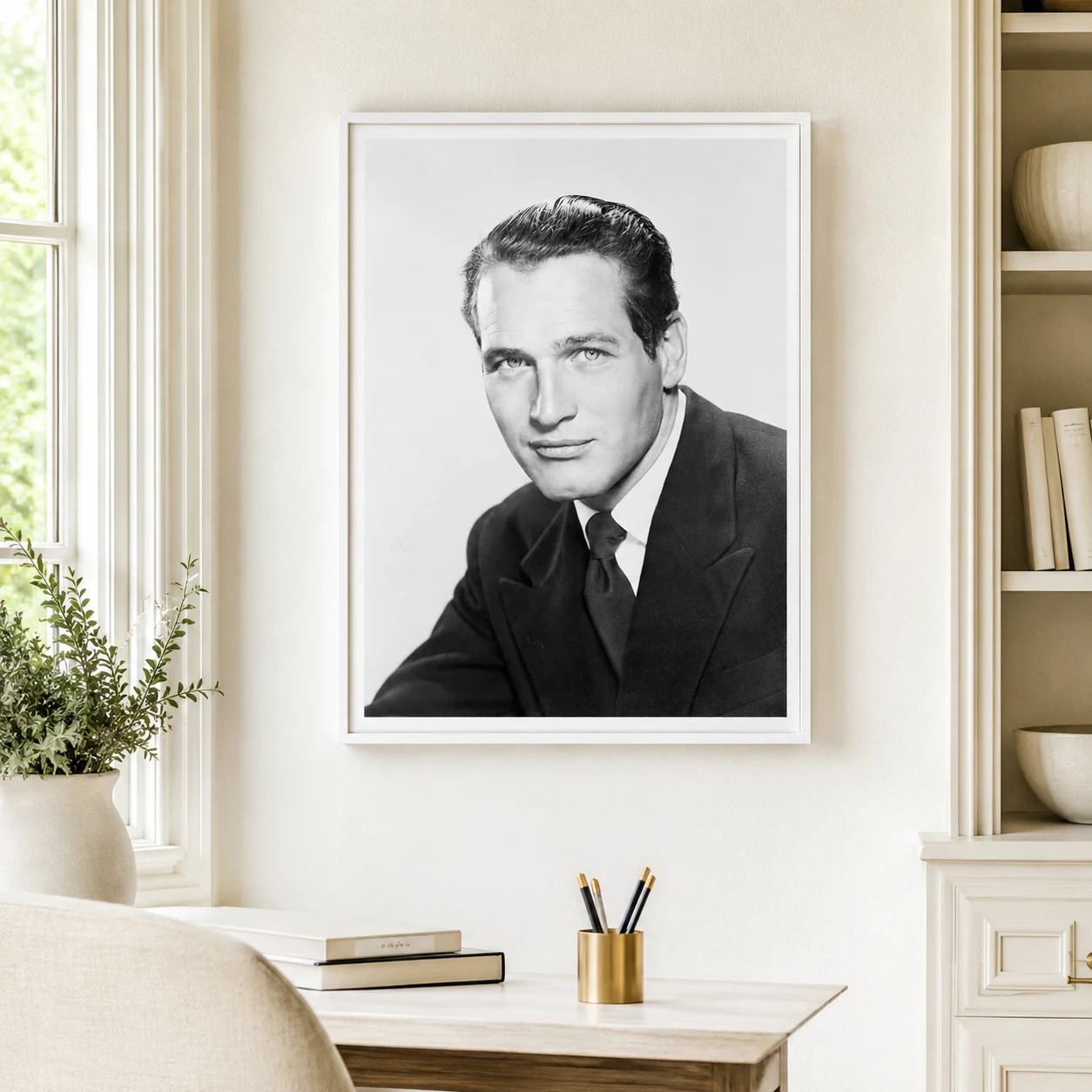 Paul Newman 1958 Alternate — 1958 studio headshot shows Paul Newman in suit and tie with a clean
