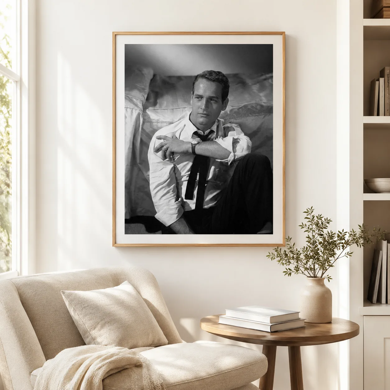 Paul Newman 1958 Sofa — seated 1958 sofa portrait shows Paul Newman in a rolled white shirt