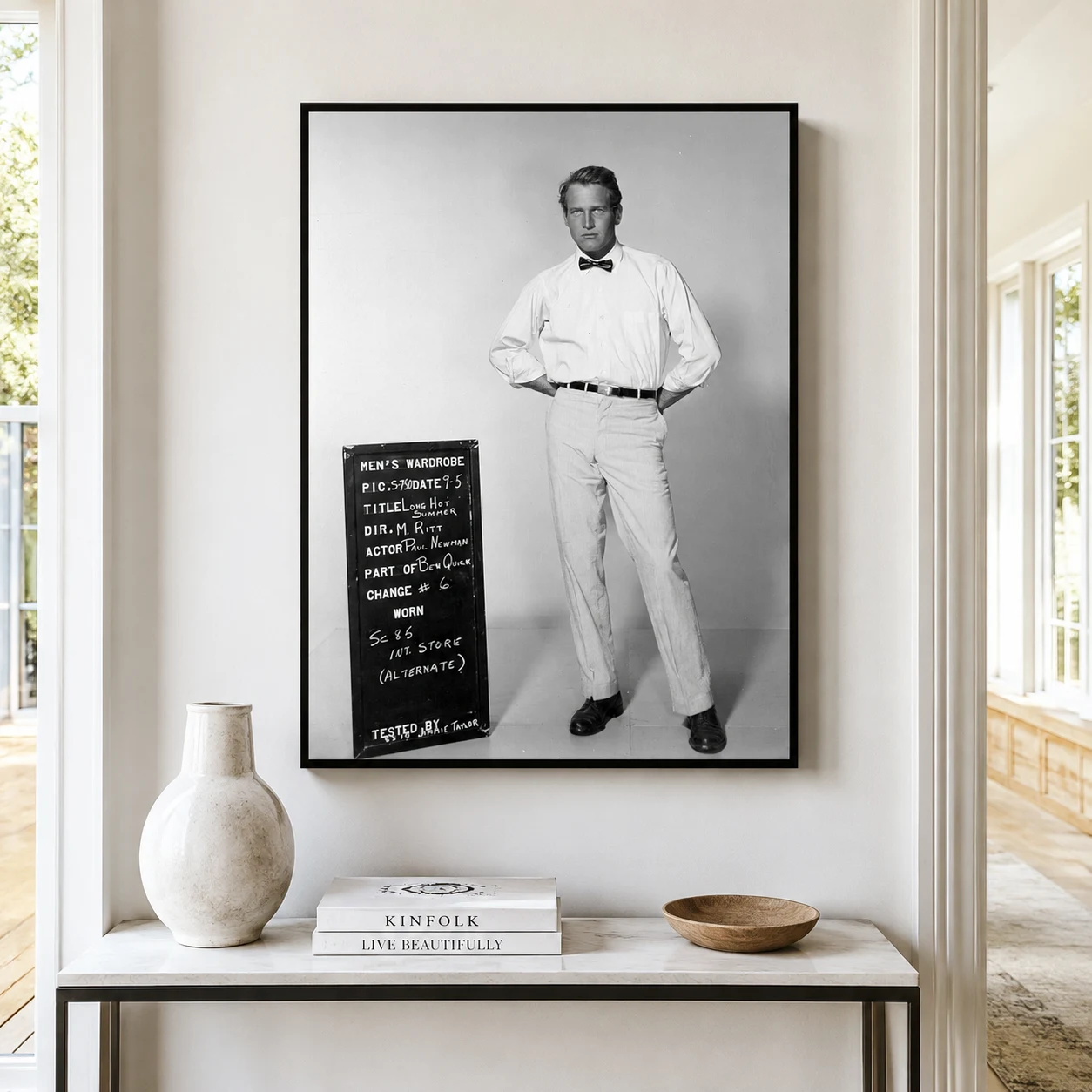 Paul Newman Long Hot — 1958 wardrobe-test image shows Paul Newman with slate, white shirt, bow