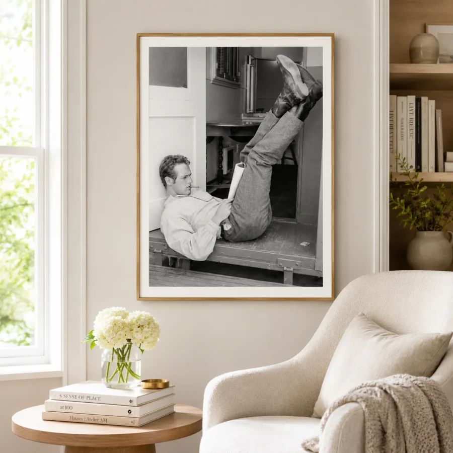 Paul Newman reading poster showing a 1958 candid with boots and magazine.