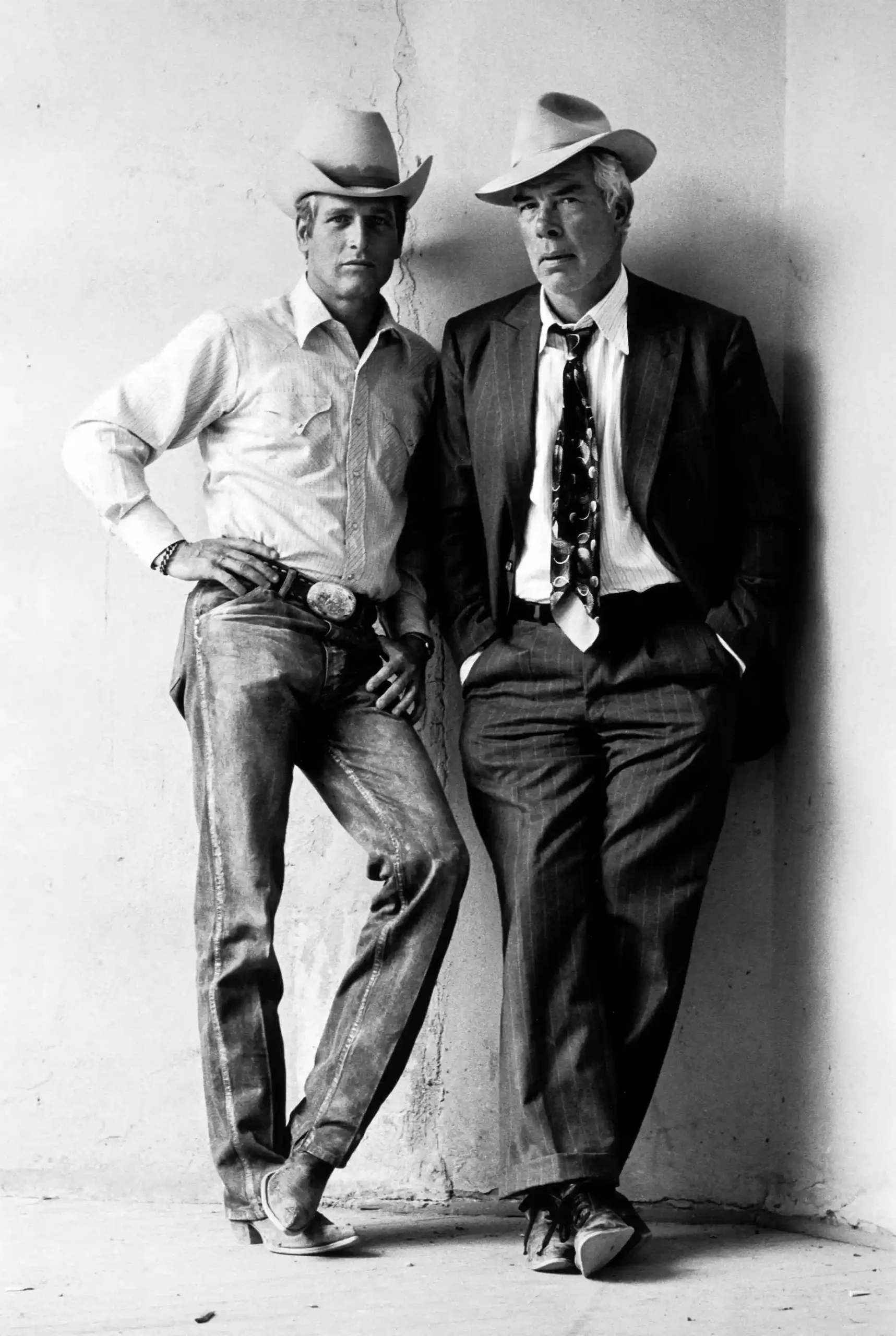 Paul Newman Lee Marvin — paul Newman and Lee Marvin appear together in cowboy hats near a wall