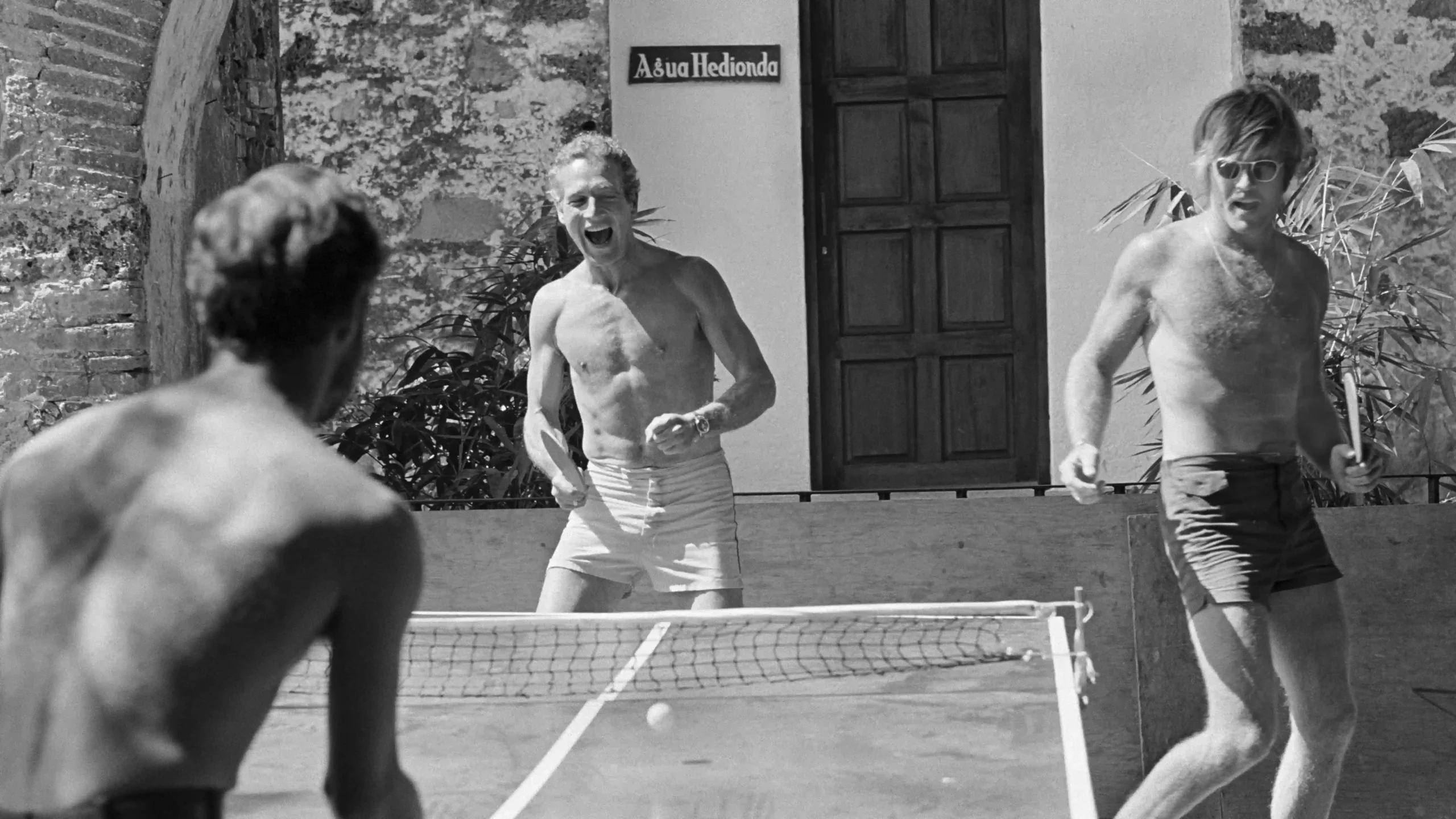Paul Newman Robert Redford — paul Newman and Robert Redford are shown in an outdoor ping-pong