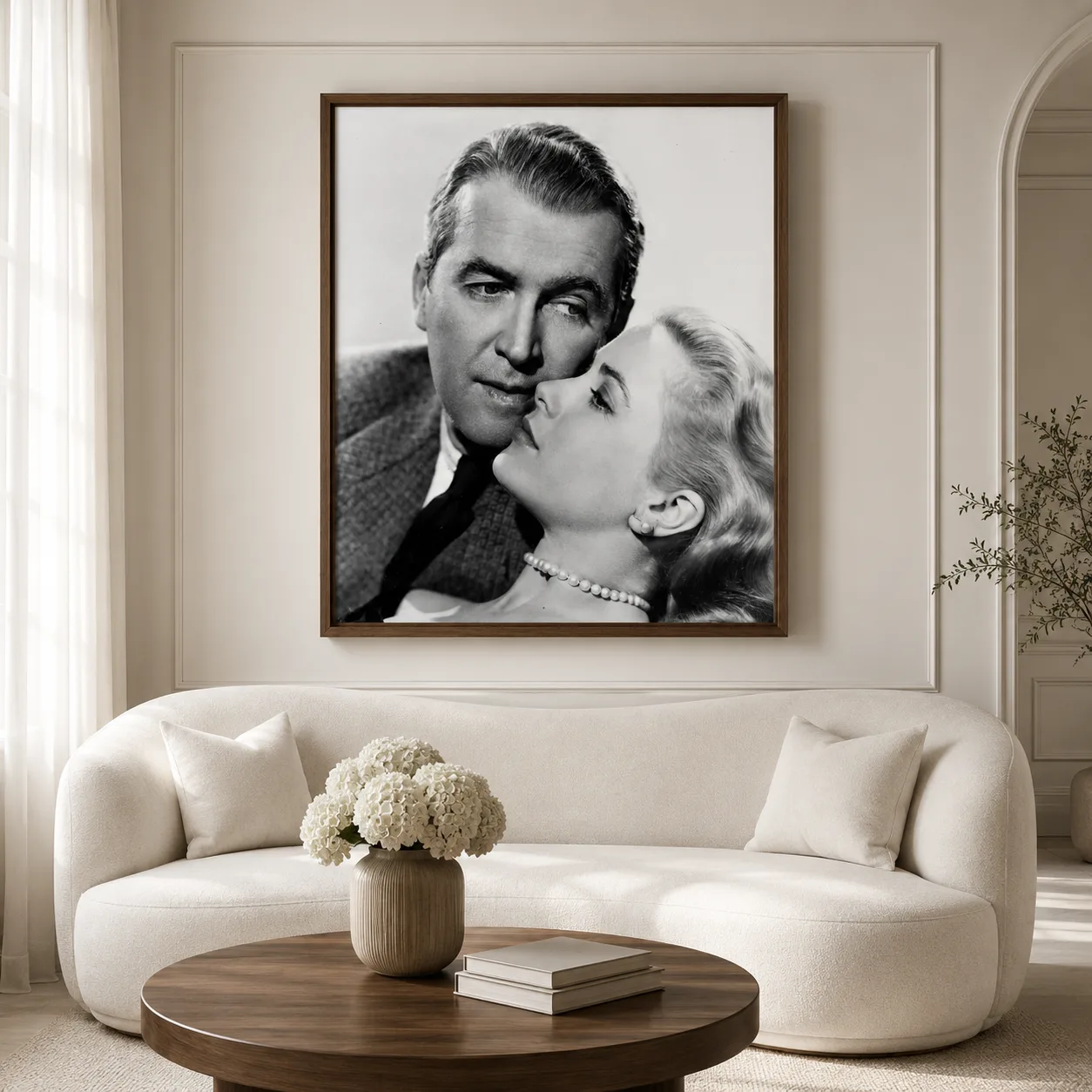 Room mockup of Rear Window Print, Grace Kelly and James Stewart Photography Print, displayed as framed wall art in a office setting as a portrait print.