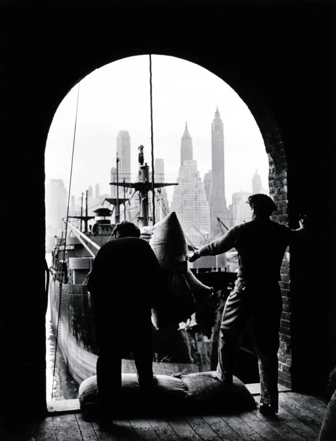 Andreas Feininger poster showing men unloading coffee on a Brooklyn dock.