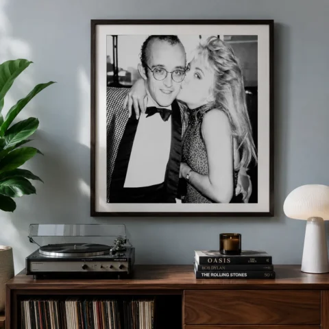 Andy Warhol poster showing Andy Warhol with Keith Haring and Cornelia Guest, 1985 - 28x40 inches