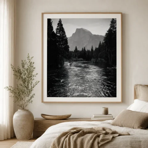 Half Dome Merced Ansel Adams Photography Print showing Half Dome Merced Poster focuses on Ansel Adams’ Half Dome sunglint