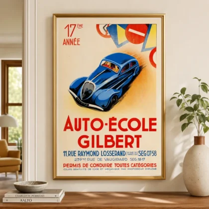 Auto Ecole Gilbert Poster with Auto École Gilbert advertising from the 1930s with French, MerchFuse vintage advertising wall