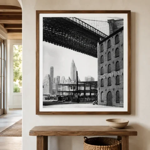 Berenice Abbott poster showing Brooklyn Bridge dock street view, 1936
