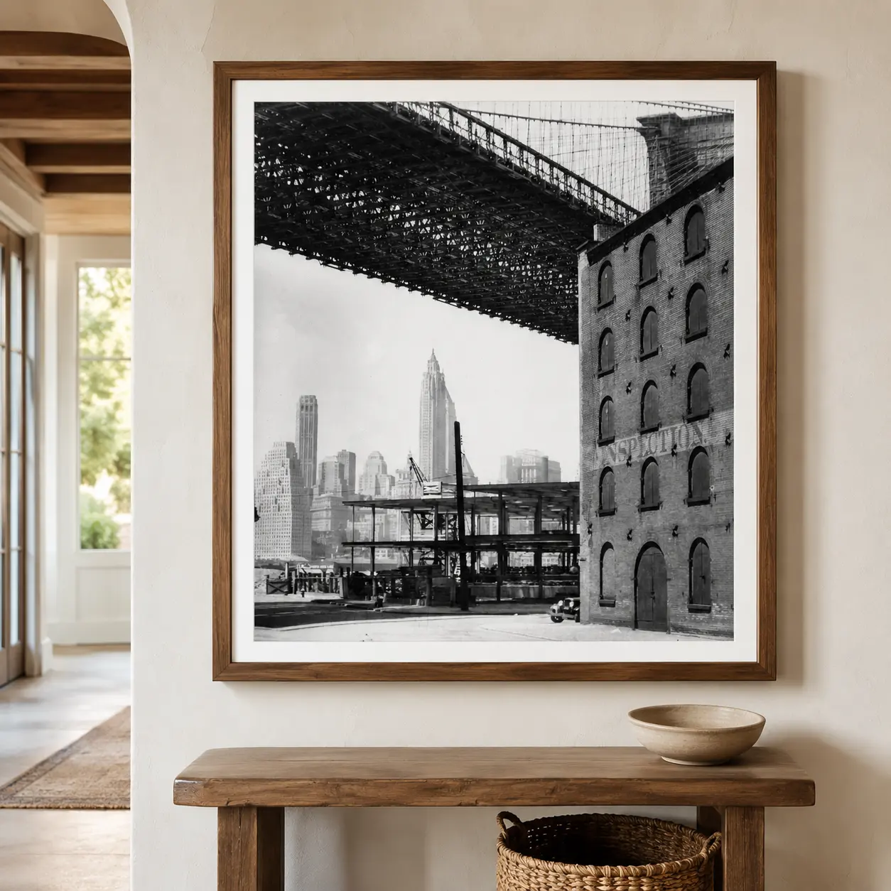Berenice Abbott poster showing Brooklyn Bridge dock street view, 1936 - 28x40 inches