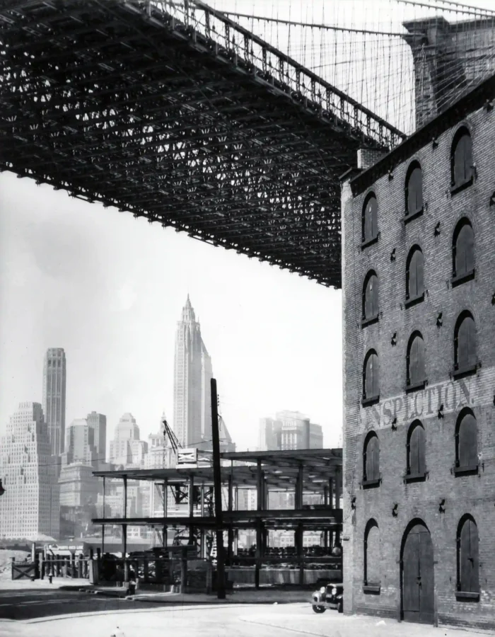 Berenice Abbott poster showing Brooklyn Bridge dock street view, 1936