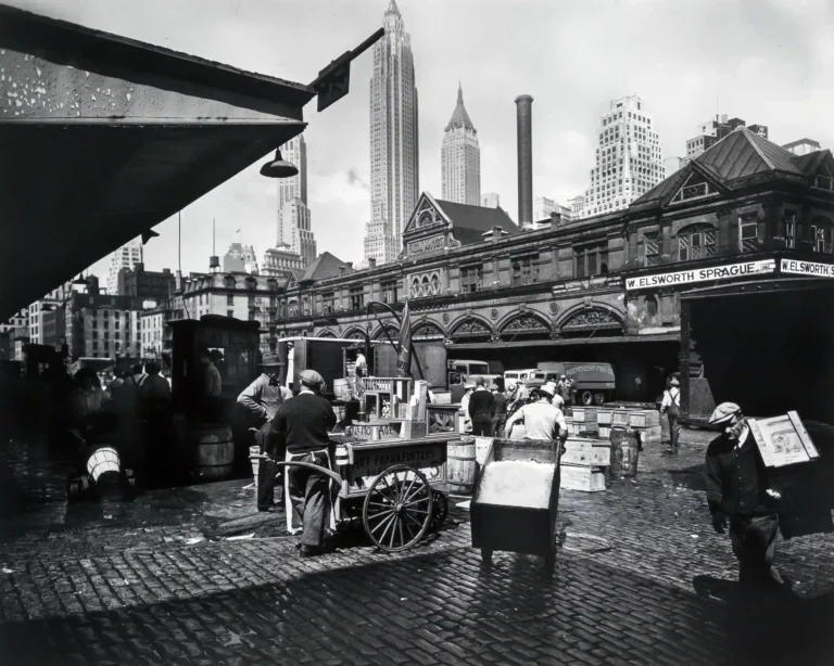 Clean artwork view of Fulton Fish Market Poster, Berenice Abbott 1936 Photography Print. Fulton Fish Market Poster (1936) is written around Berenice Abbott’s Fulton Street Fish Market photograph from 1936, not a vague stock-photo theme.