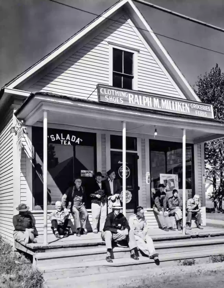 Clean artwork view of Berenice Abbott Milkens General Store Photography Print. Milkens General Store Photography Print presents Milkens General Store Bridgewater Maine 1954 by Berenice Abbott, a black-and-white image from 1954.