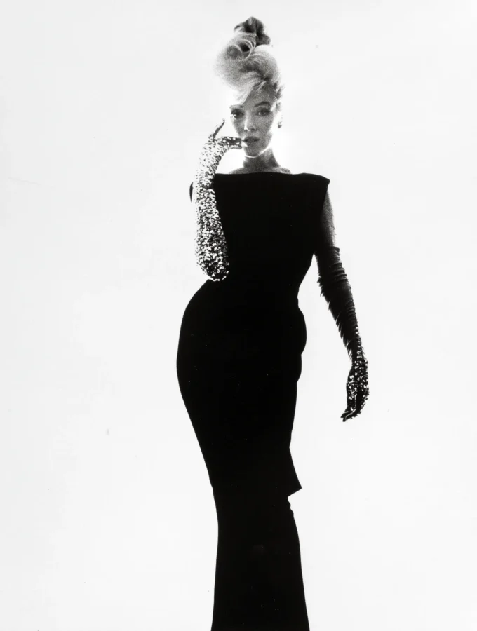Bert Stern poster showing Marilyn Monroe photographed in a black dress in 1962.