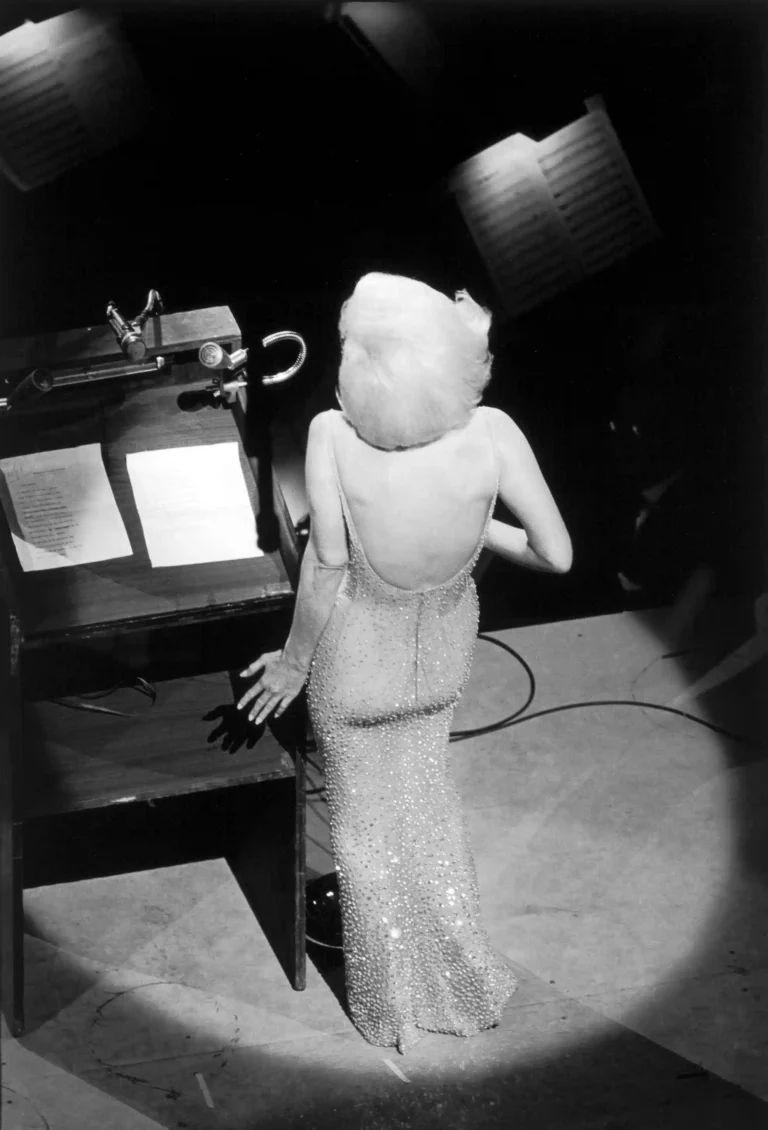 Clean artwork view of Marilyn Monroe Singing Happy Birthday to Photography Print. Marilyn Monroe 1962 Photography Print presents Marilyn Monroe Singing Happy Birthday to President John F Kennedy by Bill Ray, a black-and-white image.
