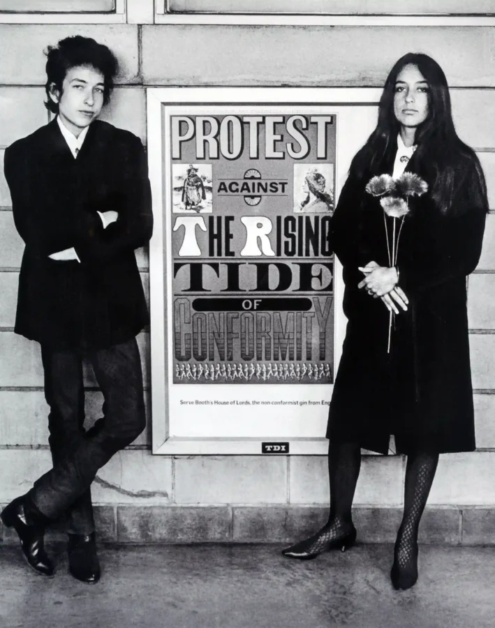 Daniel Kramer poster showing Bob Dylan and Joan Baez with a protest sign in Newark.