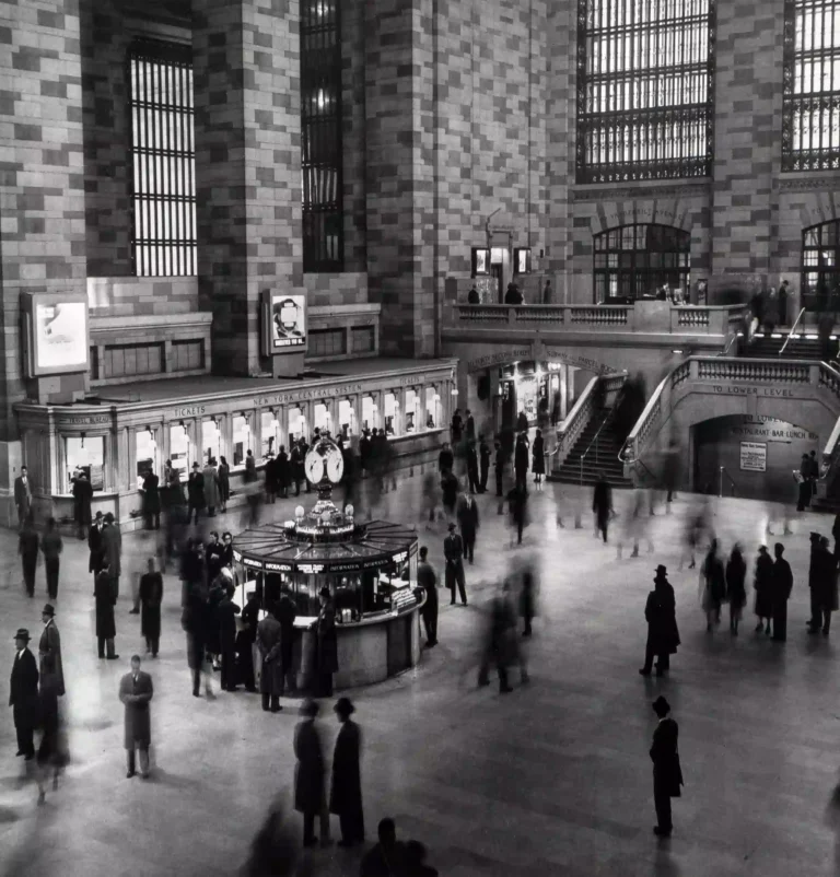 Clean artwork view of Harold Roth Grand Central Station New York 1950 Photography Print. Grand central Station Photography Print presents Grand central Station New york 1950 by Harold Roth, a black-and-white image from 1950 shaped by urban.