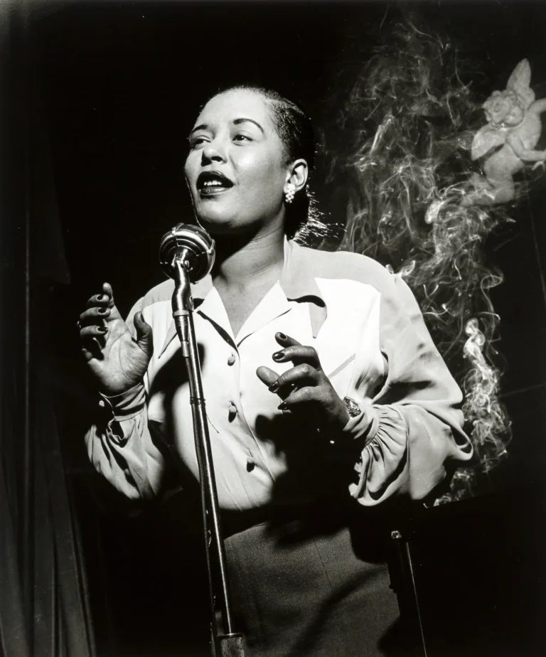 Clean artwork view of Billie Holiday Photo Print, Herman Leonard 1949 Poster. Billie Holiday Photo Print works because the image can be understood before the buyer even compares sizes. The subject is Billie Holiday in New York City.