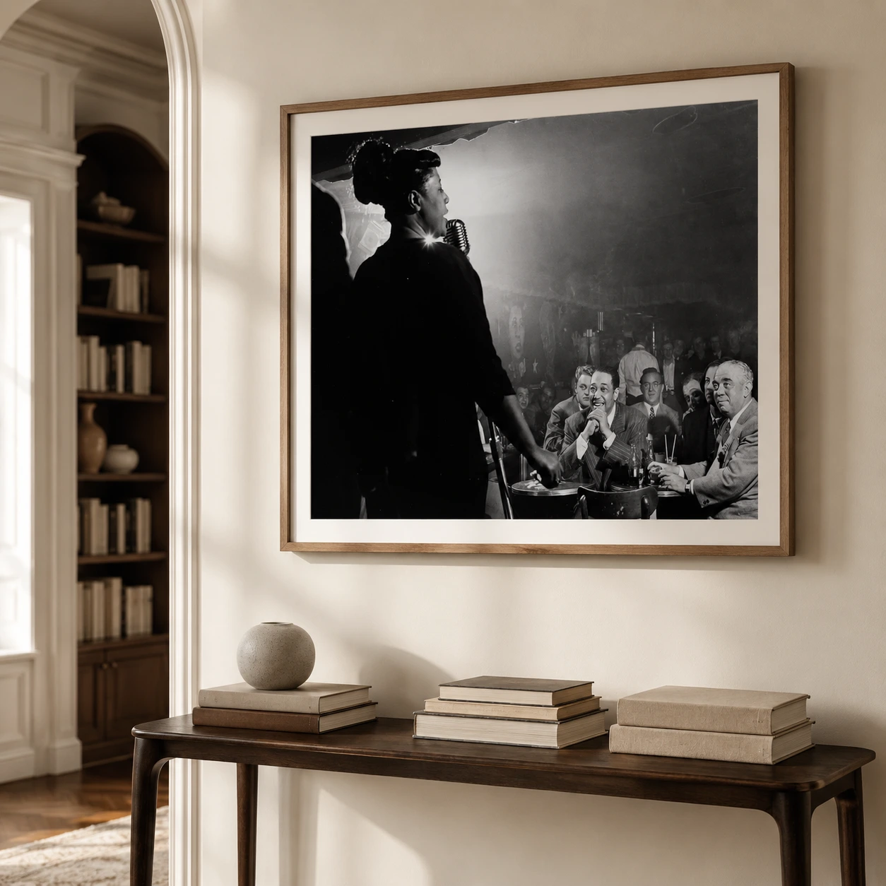 Herman Leonard poster showing jazz club gathering with Ella Fitzgerald, 1949 - 28x40 inches
