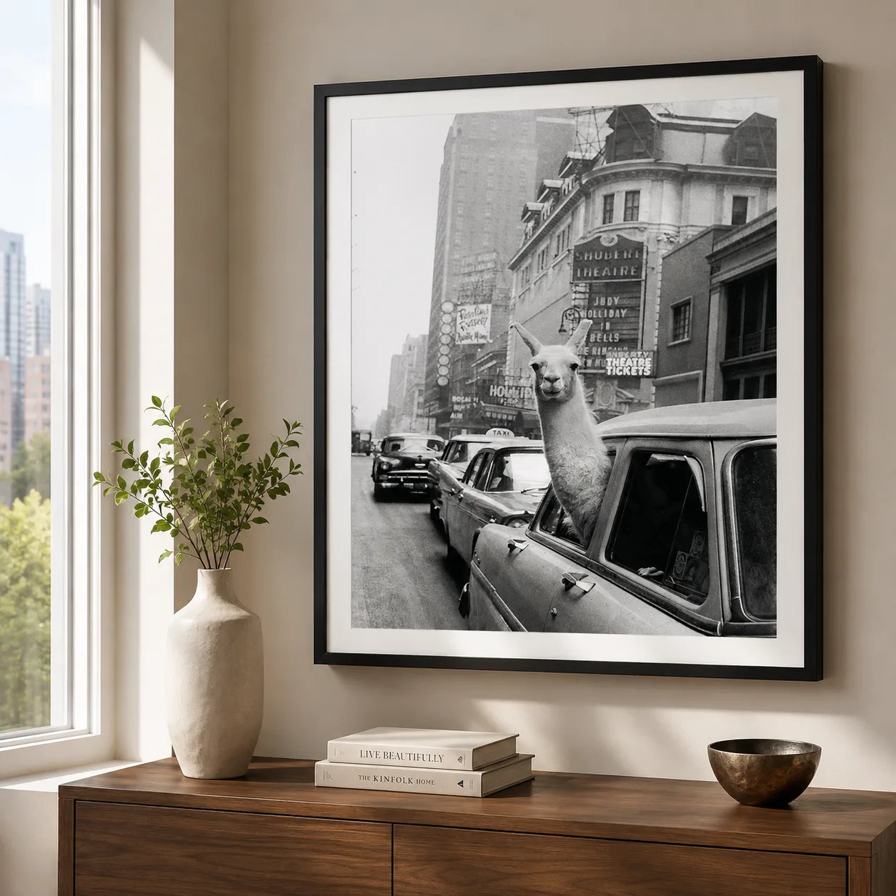 Inge Morath poster showing llama riding through New York, 1957 - 28x40 inches
