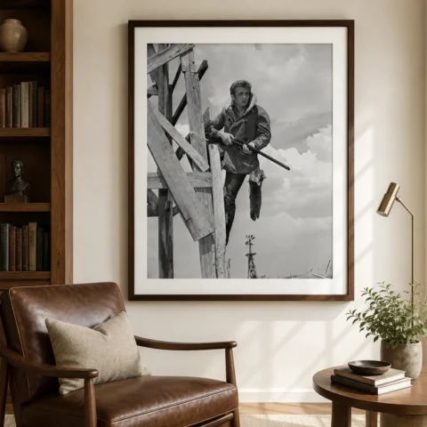 James Dean hunting poster from Giant showing him with rifle on a wooden structure.