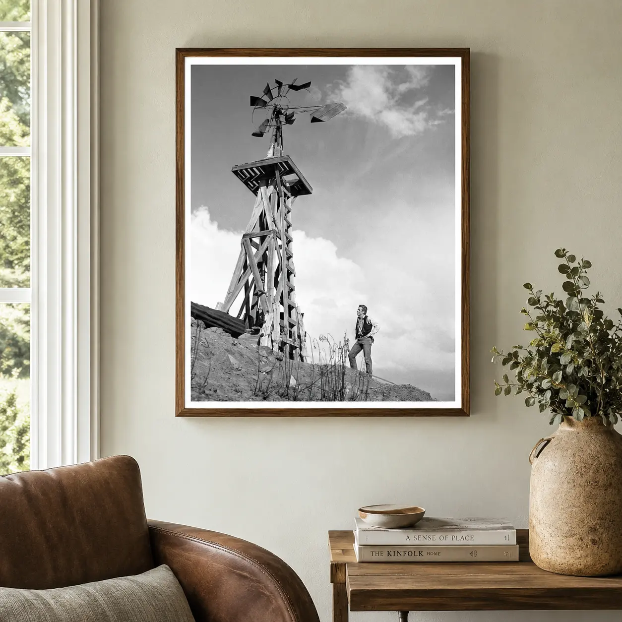 James Dean Giant Windmill — wide Giant film image places James Dean below a tall wooden windmill