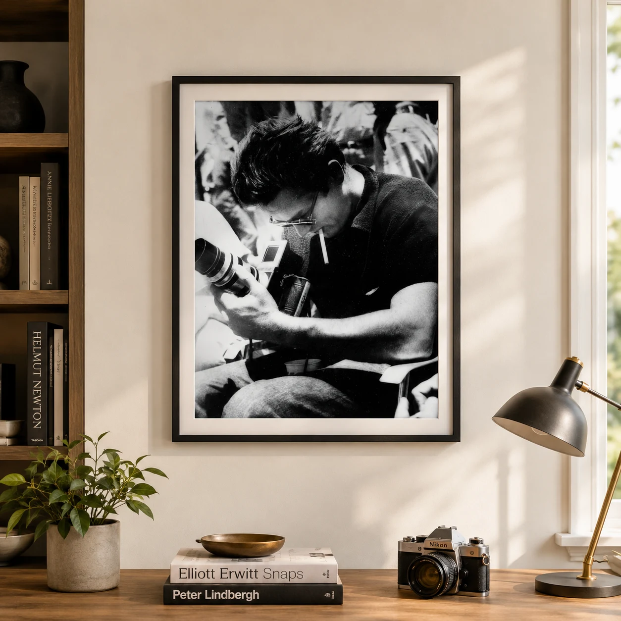 James Dean Camera — black and white candid shows James Dean leaning over film equipment