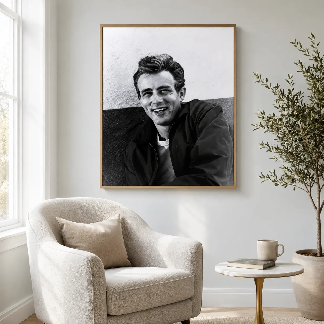 James Dean Smiling Poster — this casual portrait shows James Dean smiling against a light wall