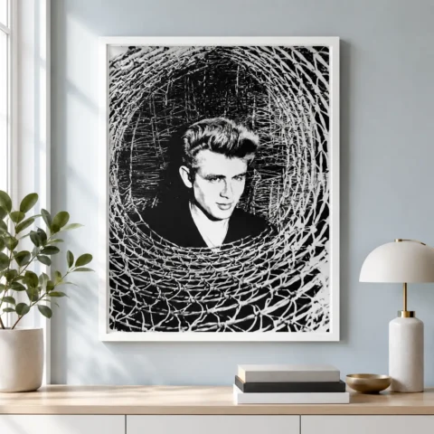 James Dean fence poster from Giant with his face framed by rough wire and shadow.