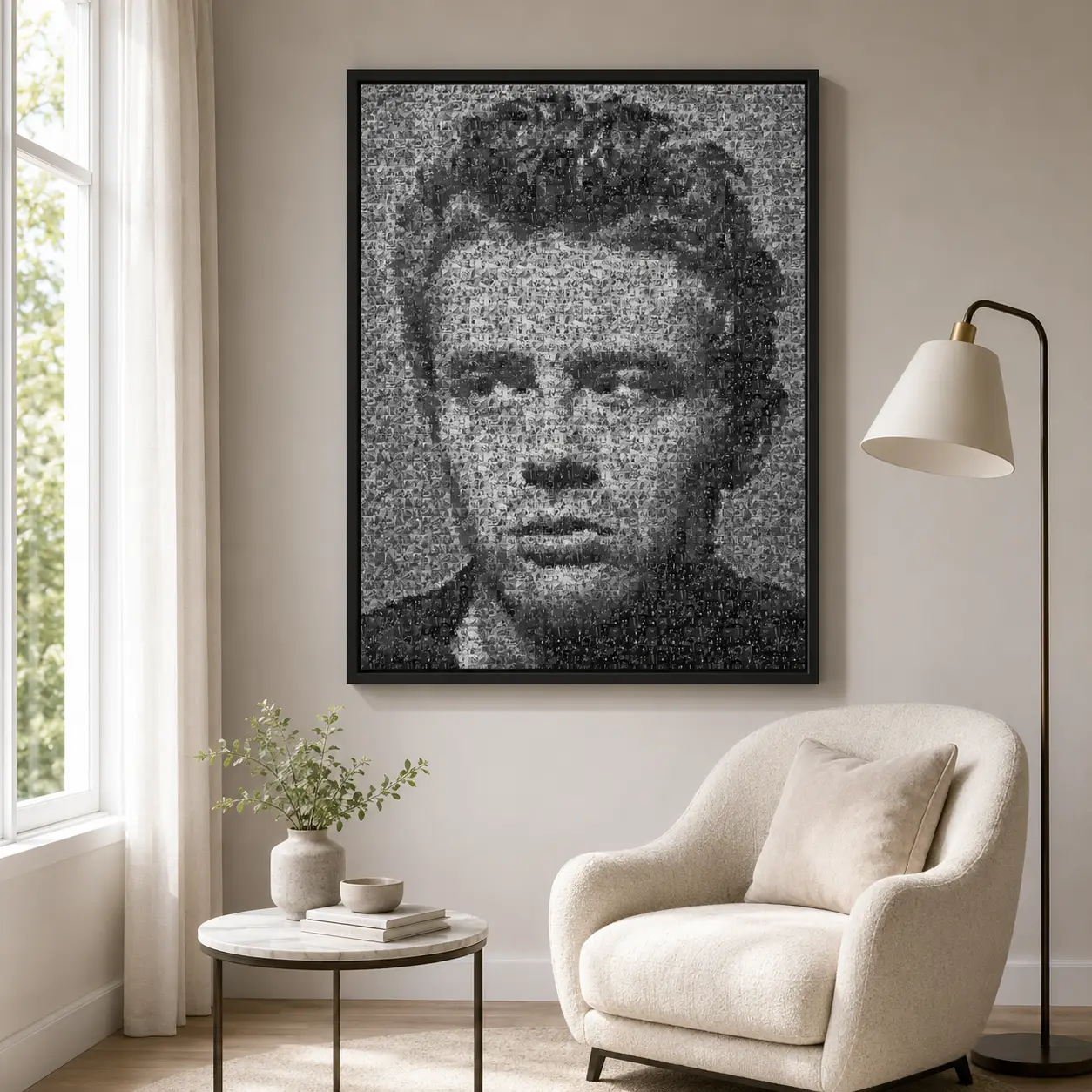 James Dean Mosaic Portrait — this black and white mosaic portrait forms James Dean's face from many
