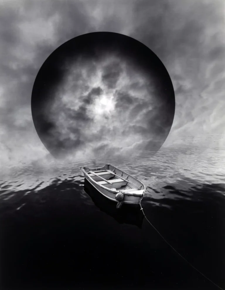 Clean artwork view of Jerry Uelsmann Untitled Boat and Moon 1982 Photography Print. You will receive an unframed premium reproduction print of Untitled Boat and Moon 1982, produced as wall art for home or studio display. From MerchFuse.