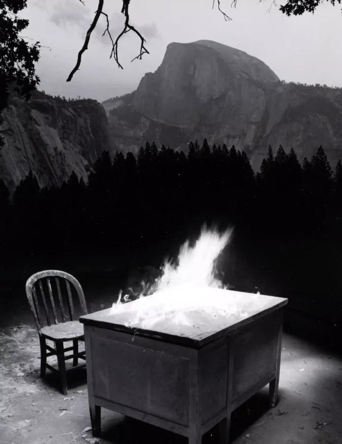 Untitled Desk on Fire and Chair by Jerry Uelsmann — Jerry Uelsmann Desk Photography Print