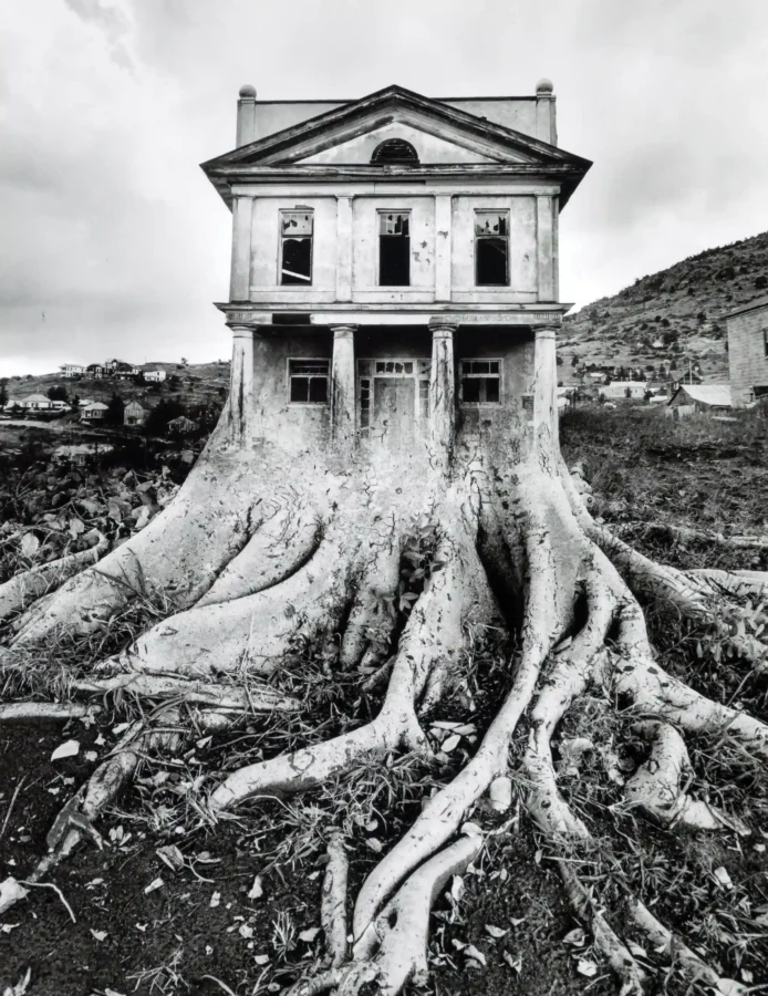 Jerry Uelsmann poster showing a surreal tree and house composition by Jerry Uelsmann.