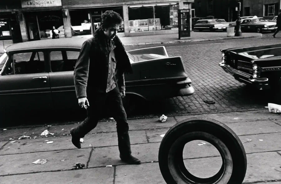 Jim Marshall poster showing Bob Dylan photographed in 1963 during his early folk years.