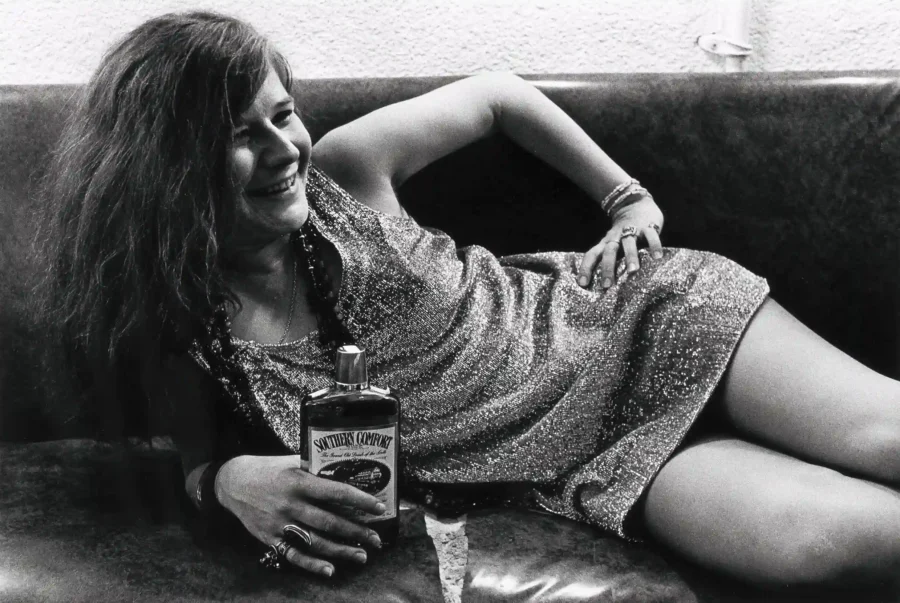 Jim Marshall poster showing Janis Joplin photographed in 1968 with rock-era intimacy.